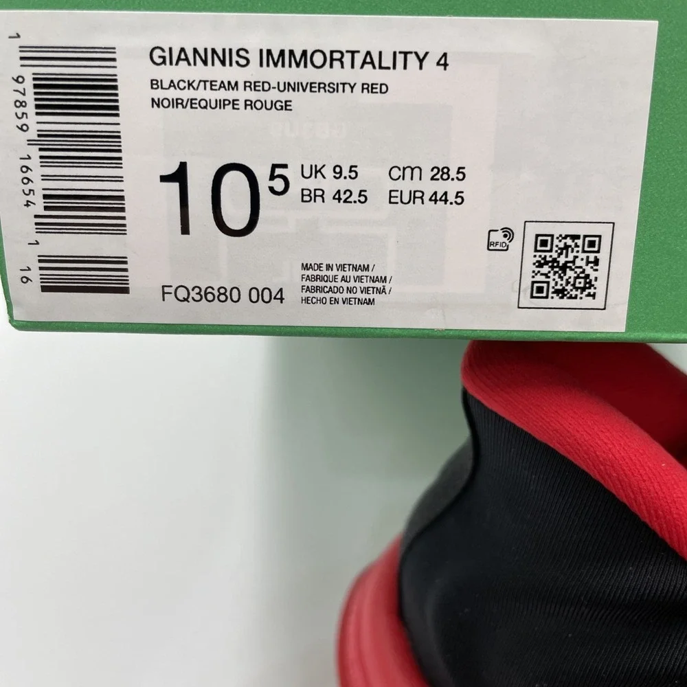 Nike Giannis‎ Immortality 4 Black / Red Mens 10.5 Basketball Sneakers FQ3680-004